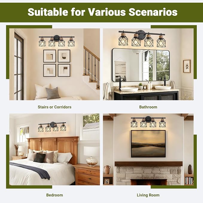 4-Light Farmhouse Vanity Light Fixtures, Bathroom Lighting Fixtures Over Mirror, Rustic Vintage Black Wall Sconces Lights with Elegant Metal Lampshade for Mirror, Bedroom, Living Room, Hallway