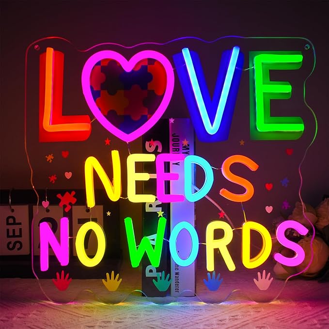 Autism Neon Sign Love Needs No Words Neon Sign for Wall Decor, Dimmable Autism Awareness LED Light Sign for Bedroom Office Classroom, Ideal Gifts for Autistic Children
