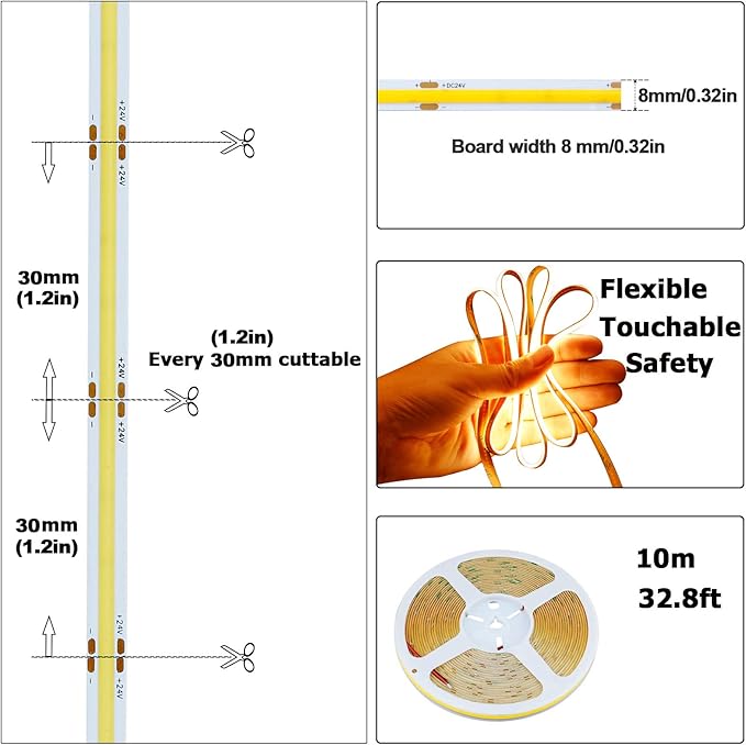 32.8ft(10M) 24V COB LED Strip Light Warm White 3000K 3840LEDs CRI 93+ 6800lm Uniform Glow Dotless IP20 Not Waterproof Flexible LED Tape Lights for DIY Cabinet Bedroom Home Decor(No Power Supply)