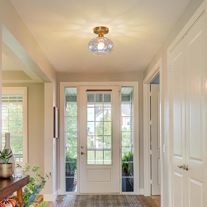 7.9″ Vintage Small Rainbow Semi Flush Mount Hallway Ceiling Light ,2 Pack | Art Deco Stained Hammered Glass,Whimsical,Gold Mid Century Light Fixtures for Closet Cottage Entryway Laundry Room Foyer