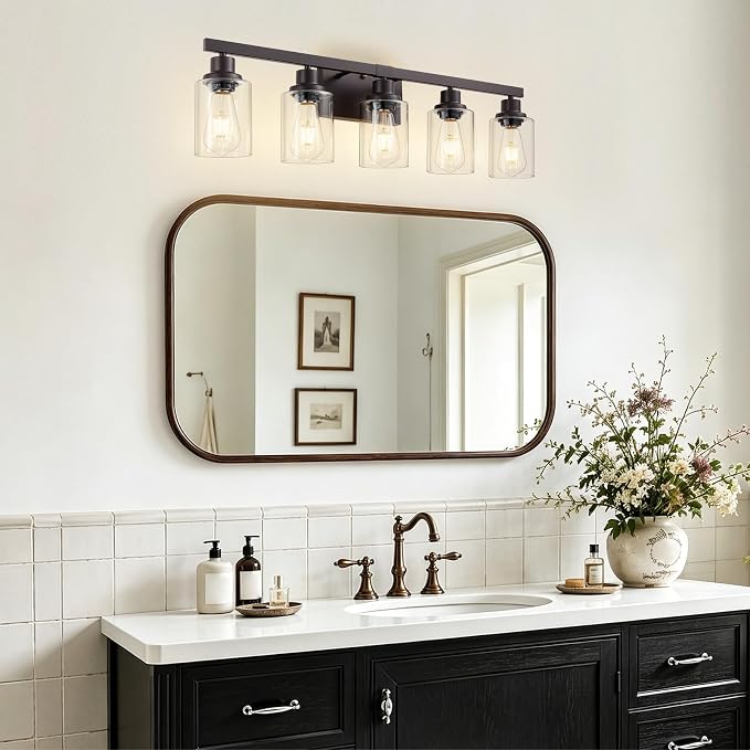 5-Light Oil Rubbed Bronze Bathroom Light Fixtures,30" Vanity Light | Modern Bronze Bathroom Lighting with Clear Glass Shades,Bathroom Wall Sconece over Mirror Sink Cabinet