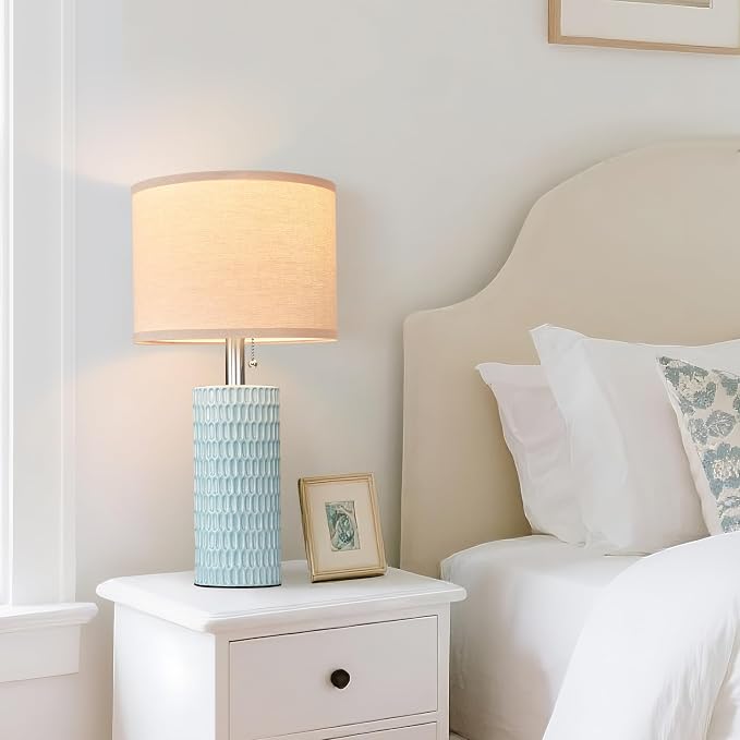Reaketon 20.5" Modern Ceramic Table Lamps for Bedroom Set of 2, Bedside Lamps for Night Stands with Beige Lampshade, Farmhouse Table Lamp for Living Room Office Dorm, Sky Blue