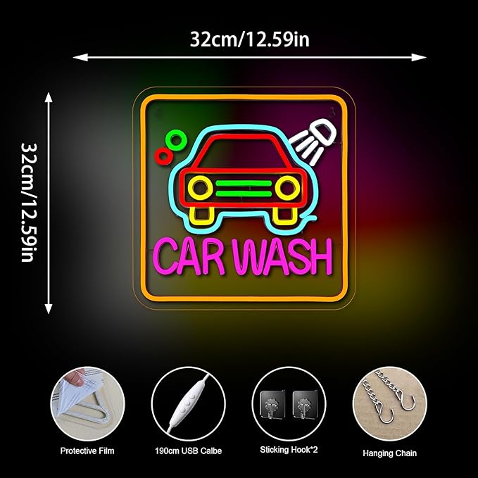 Car Wash Neon Sign Neon Lights USB Powered Ultra Bright Dimmable Hanging Wall Art Decoration for Gas Station Facility Detailing Business Service Home Shop/Truck