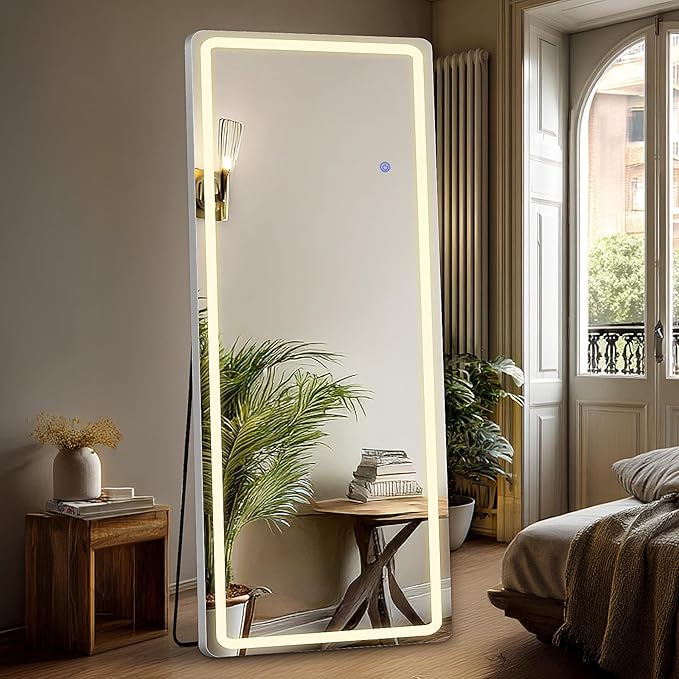 DUMOS Full Length Mirror Lighted, 20"x63" LED Floor Standing Mirror | LED Lights 3 Color Lighting and Shatterproof Tempered Glass, Wall Hanging or Leaning, Floor Standing, Modern Home Decor