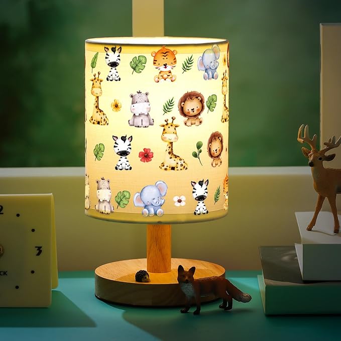 Safari Animal Kids Table Lamp for Bedroom Kids Bedside Lamp with Linen Wooden Nightstand Cartoon Nursery Lampshade for Girls Boys Living Room