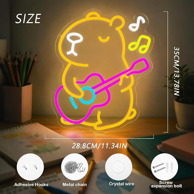 Capybara Neon Sign Animal Neon Light LED Neon Capybara Light for Wall Decor | Dimmable Capybara Neon Light with Guitar Design for Kids Bedroom Party Decor Birthday Gift for Children and Capybara Lovers
