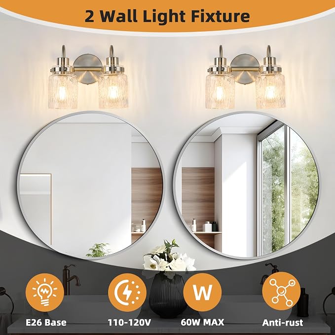 2 Lights Hammered Glass Bathroom Vanity Light,Brushed Nickel | Easy Installation,Up or Down,Farmhouse Modern Style,E26 Socket,ETL Certification