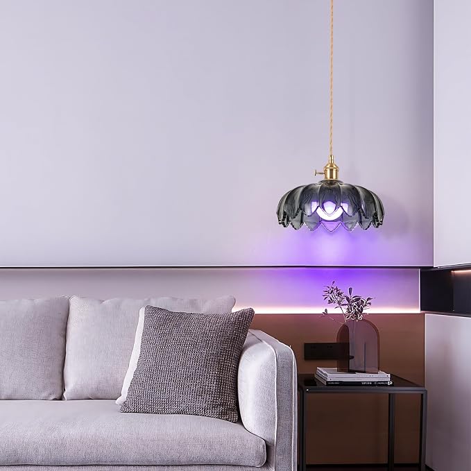 Battery Operated Pendant Light,Gray Blue Vintage Light Fixtures RGB Rechargeable Light Bulb 2500mAh 9.8in with Remote Control Wireless Adjustable Chandelier for Kitchen Island Hallway 1Light