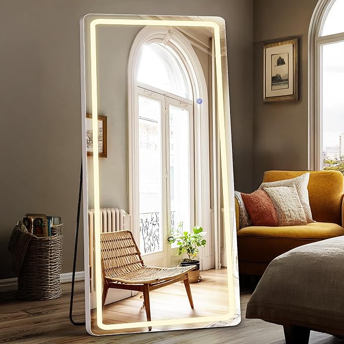 DUMOS Full Length Mirror Lighted, 26"x70" LED Floor Standing Mirror | LED Lights 3 Color Lighting and Shatterproof Tempered Glass, Wall Hanging or Leaning, Floor Standing, Modern Home Decor