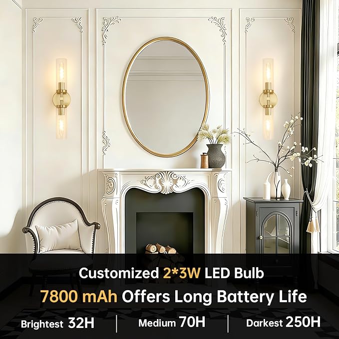 Shenmoyl Battery Operated Wall Sconces Set of Two,21" Gold Rechargeable Wall Lighting Fixtures, Dimmable Wall Lights with Remote & Clear Glass Shade for Living Room,Bathroom,Bedroom