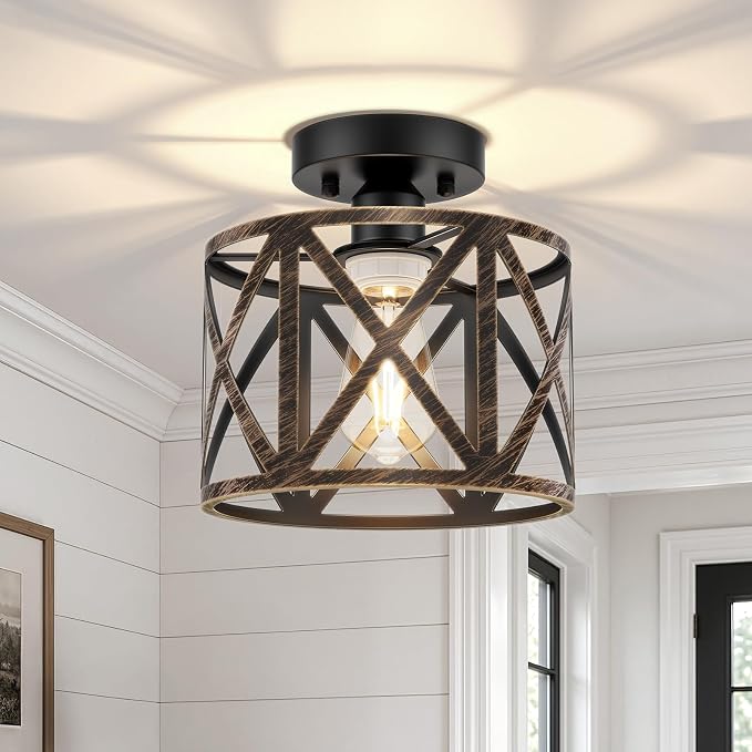 Farmhouse Semi Flush Mount Ceiling Light Fixture E26 Metal Cage Industrial Ceiling Lighting for Kitchen, Bedroom, Foyer, Entryway, Laundry Room, Dining Room, Hallway 8 Inch Gold