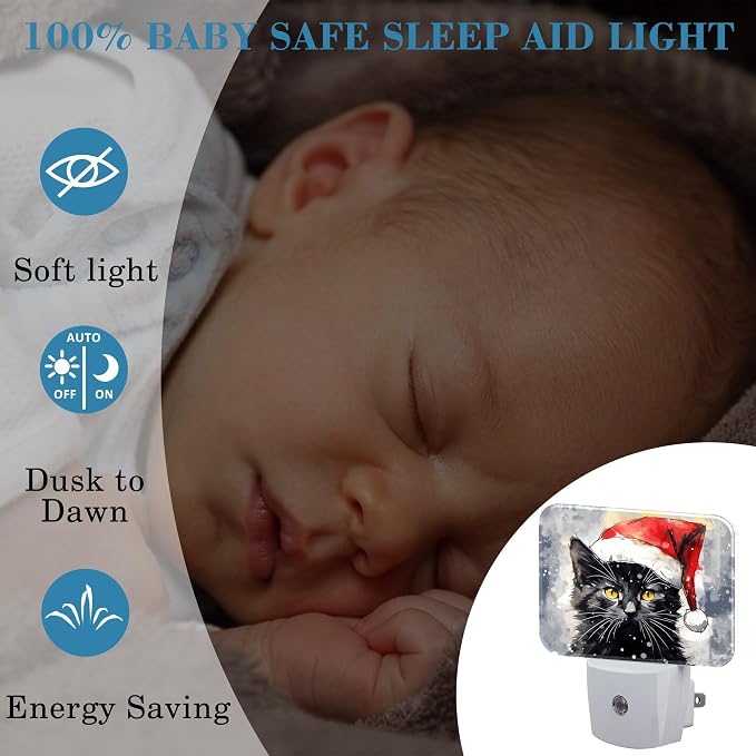 Cute Black Cat with Santa Hat Night Light for Kids, Christmas Cat LED Night Light Plug into Wall with Dusk to Dawn Sensor for Girls Boys Women Bedroom,Hallway,Kitchen,Bathroom,Stairs Decor
