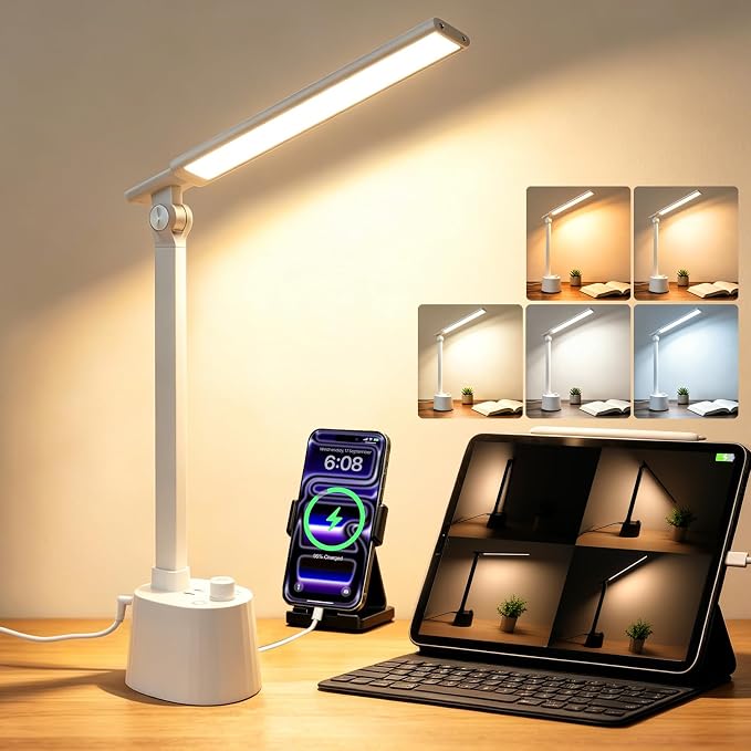 BOHON Small Desk Lamp with USB C Charging Port 5 Colors Stepless Dim White | Reading Light Space-Saving Rotating Head Desk Lamp for Home Office College Dorm Room Bedside Table Bedroom