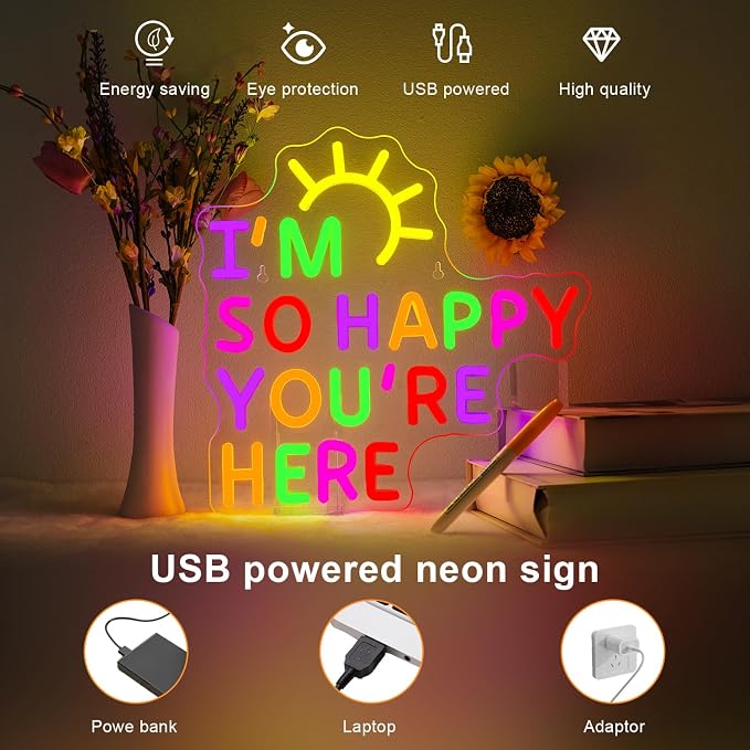 I Am So Happy You're Here Neon Sign Classroom Neon Signs for Wall Decor in Library Bookshelf LED Reading Light Up Signs for Classroom Reading Light Sign Bookish Decor Gifts for Teachers