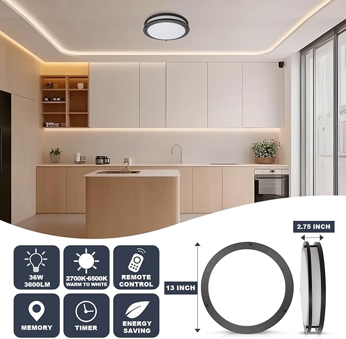 OOWOLF 4-Pack 13” LED Flush Mount Ceiling Light Fixture, 5CCT Adjustable 3000K/3500K/4000K/5000K/6000K Ceiling Lights, 36W Brightness Dimmable Lighting, ETL Listed, for Hallway Bathroom or Kitchen