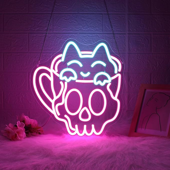 Neon Sign, JGHTURIE Cup Neon Signs for Wall Decor Funny Skull Cat Light Up Sign USB Powered Pink Led Signs for Man Cave Business Coffee Cafe Shop Bakery Hotel Store