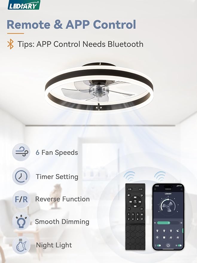 LEDIARY 19.7'' Modern Low Profile Ceiling Fans with Lights and Remote,Black | 3000-6000K Dimmable LED, 6 Wind Speeds, Quiet Reversible DC Motor, Small Flush Mount Fandelier for Bedroom, Living Room