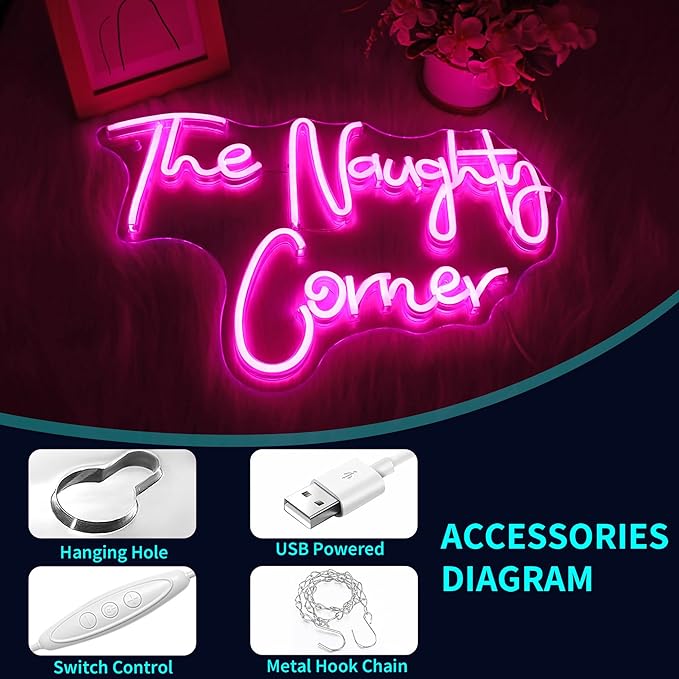 Neon Sign, JGHTURIE The Naughty Corner Neon Signs for Wall Decor, Pink LED Light Up Sign for Room Party Office Business Bar Signs for Man Cave Decor, USB Powered