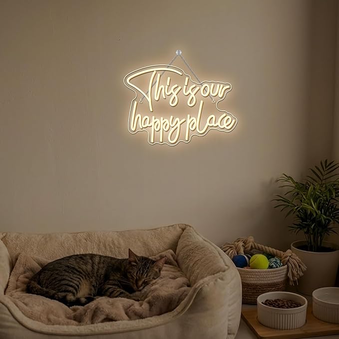 NOSUN This is Our Happy Place Neon Sign Happy Place Neon Signs for Wall Decor Dimmable Warm White LED Signs for Bedroom Classroom Man Cave Home Bar Birthday Party Game Zone Decor Neon Classroom Sign