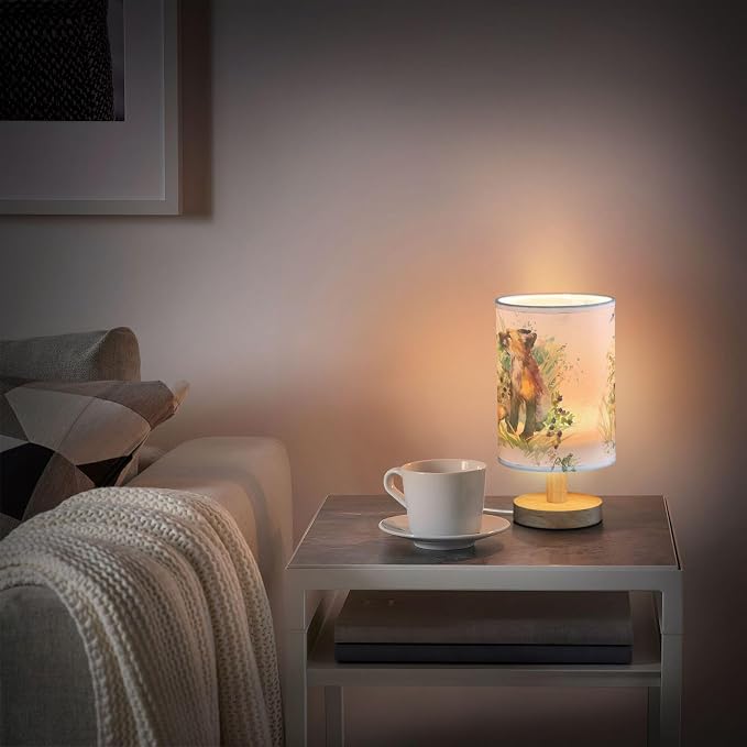 Table Lamp Fox Animal Dragonfly Frog in Floral Grass Woodland Nightstand Lamp with Wood Base Fabric Lamp Shade Bedside Desk Lamp for Living Room Bedroom Kids Room Office