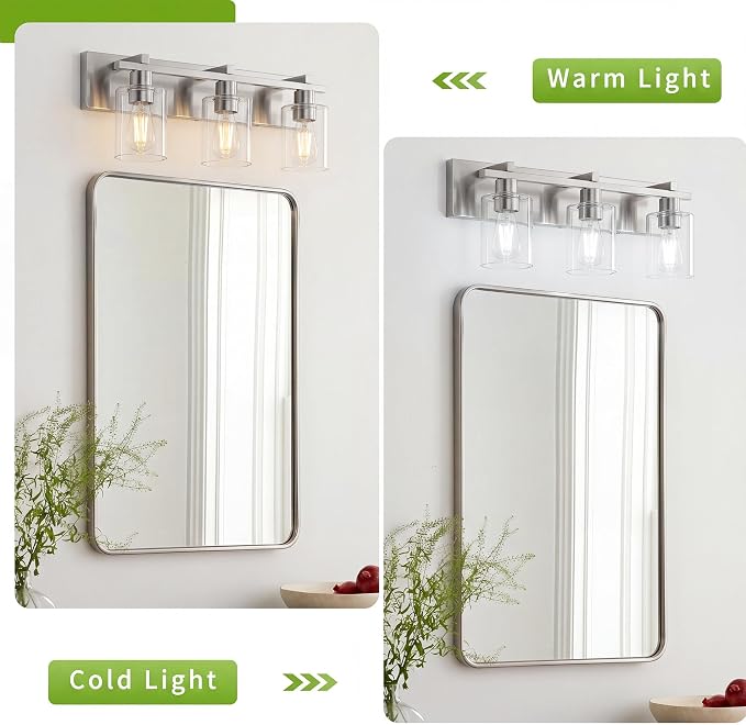 3-Light 21inch Brushed Nickel Vanity Light, Thickened Clear Glass | Over Mirror for Bathroom, Rust Resistant, E26 Base, Easy Install, Removable Glass Shade Horizontal Mount, Dimmable