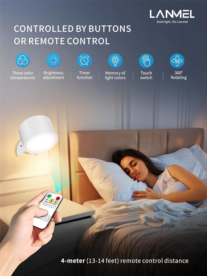 LANMEL LED Wall Mounted Lights,360° Rotating Rechargeable Wall Sconce Lamp | White,3CCT,Dimmable,with Remote & Touch Control,USB Wireless Wall Lamp, Suitable for Study,Bedroom,and Bedside Reading