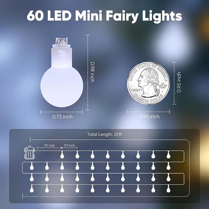 Globe String Lights Battery Operated - 21 Feet 60 Led Twinkle Fairy Lights, 8 Modes with Remote Mini Globe Lights for Indoor Outdoor Bedroom Party Wedding Garden Christmas Tree Decor, Pure White