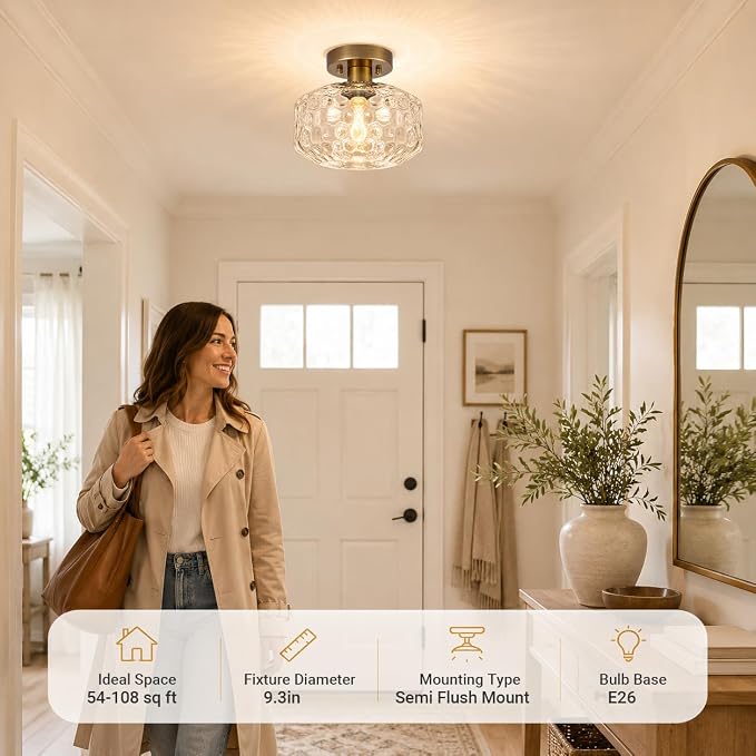 Brushed Antique Brass Semi Flush Mount Ceiling Light, Vintage Small Ceiling Light Fixture, Hallway Lighting Fixture with Hammered Glass, Kitchen Ceiling Mount Light for Entry Way, Bedroom, Bathroom