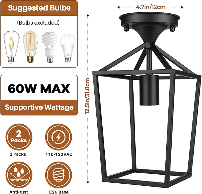 2-Pack Farmhouse Semi Flush Mount Ceiling Light Fixtures, Black | Rustproof Metal Frame, Industrial Open Design, Easy to Clean, E26 Bulb Compatible, Ideal for Hallway, Entryway & Laundry