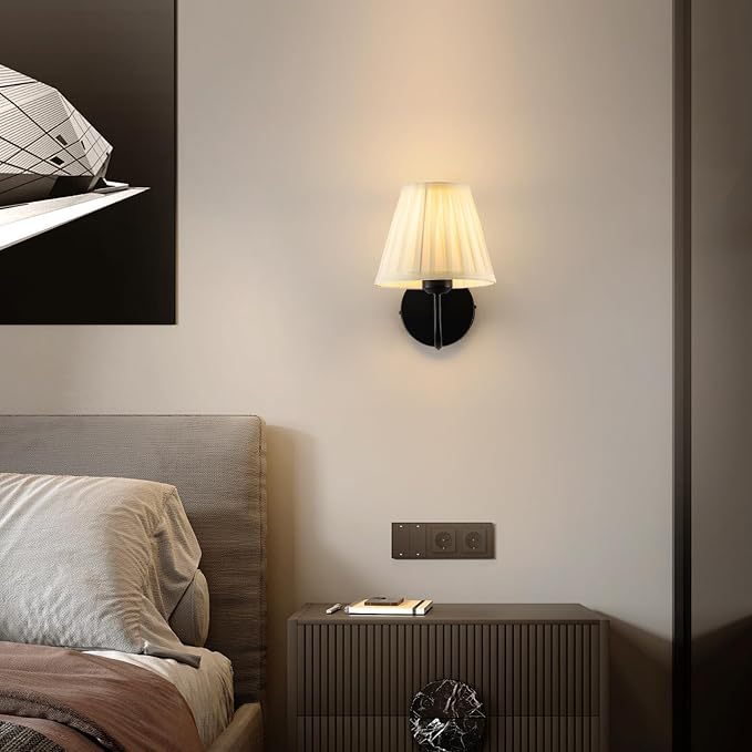 Vintage Battery Operated Wall Sconces Set of 2, Pleated Fabric Shade Black Wall Lamp with Remote Control, Cordless Rechargeable Wall Sconces Fixtures for Bedroom, Living Room, Beside