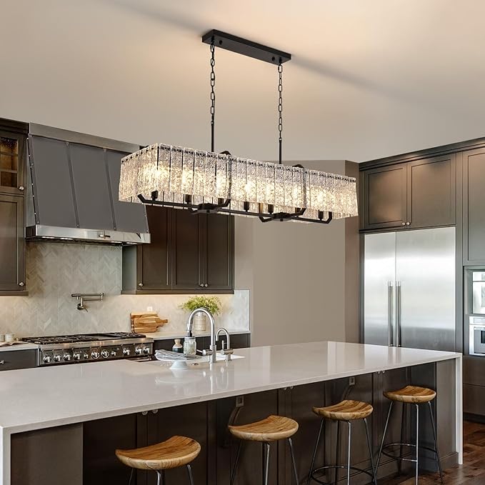 CROSSIO Rectangle Black Crystal Chandeliers for Dining Room, 47inch Large Rectangular Water Ripple Glass Island Light Fixture, Luxury Rectangular Chandelier for Kitchen Island Living Room