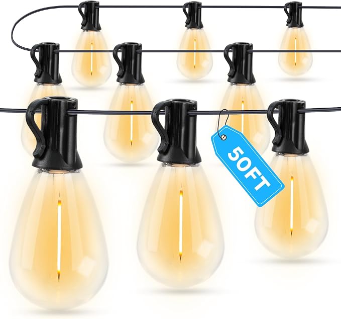 GvvooHome LED Outdoor String Lights, 50FT Waterproof Patio Lights with 16 Shatterproof S11 Plastic Bulbs, 2700K Warm White Edison Hanging Lights for Backyard, Garden, Porch, Bistro