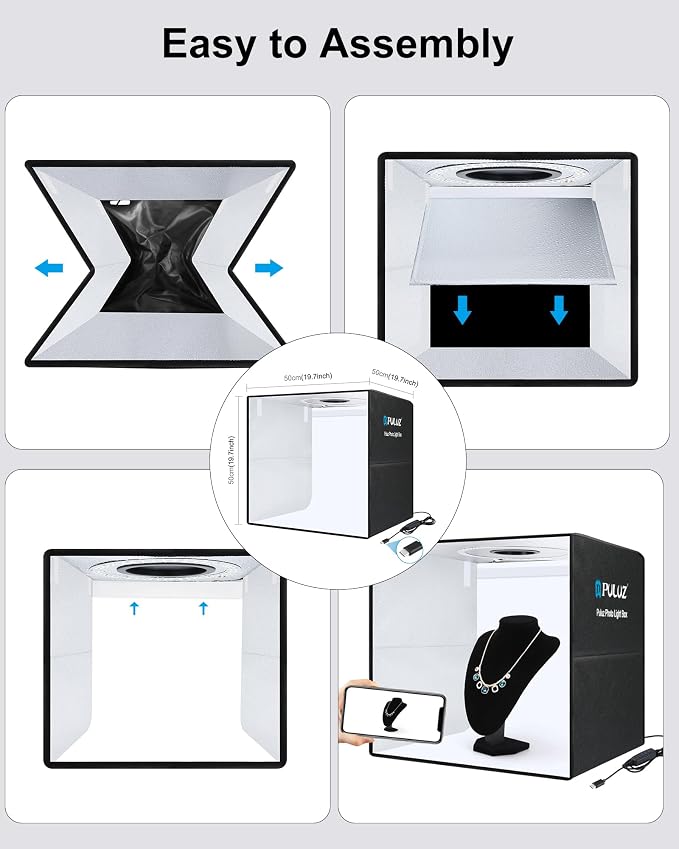 PULUZ Light Box Photography, 20x20 inch Large Photo Light Box with 200 LED Beads, CRI >95, Professional Portable Photo Booth Shooting Tent Kit with 12 Color Backdrops for Product Photography