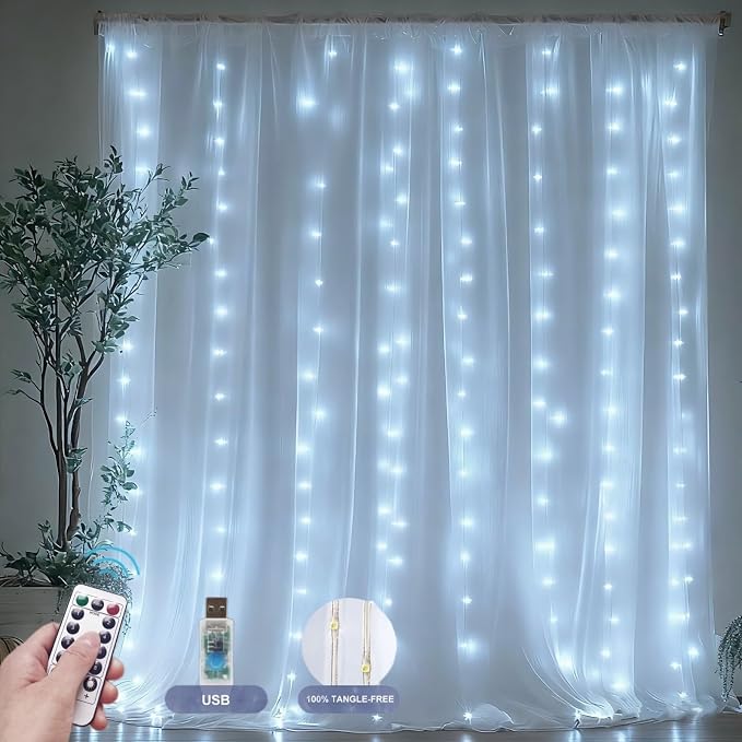 Fairy Curtain Lights Upgraded Tangle-Free Cool White USB Plug in 8 Modes String Hanging Lights with Remote for Christmas, Bedroom, Indoor, Outdoor, Weddings, Party (10 FT x 6.6 FT)