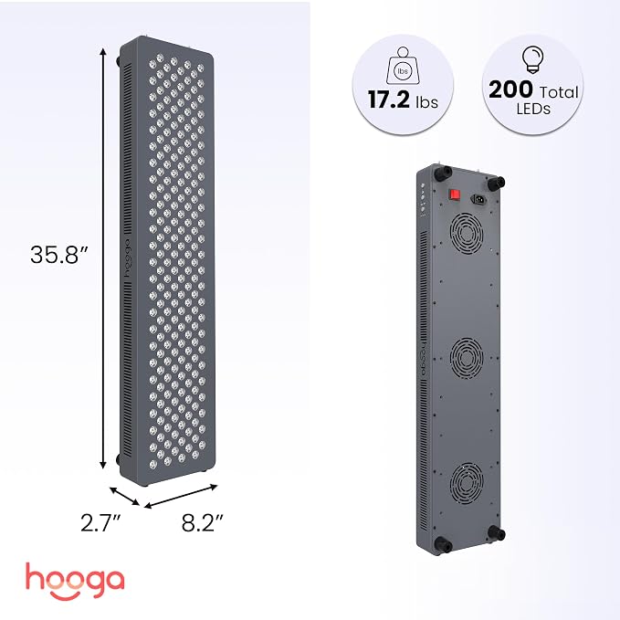 Hooga HG1000 Full Body Red Light Therapy Panel, 200 LEDs, 660nm Red & 850nm Near-Infrared Light, Built-in Timer, Door Hanging Kit