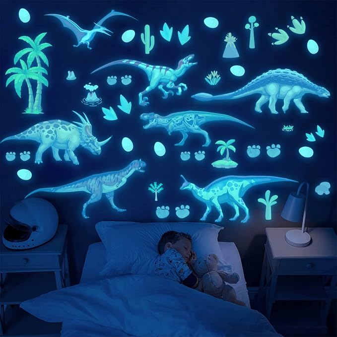 Glow in The Dark Dinosaur Wall Decals Dinosaur Room Decor for Bedroom | Glowing Self-Adhesive Stickers for Ceiling, Removable Wall Stickers Children's Room Stickers Boys and Girls Room Decoration