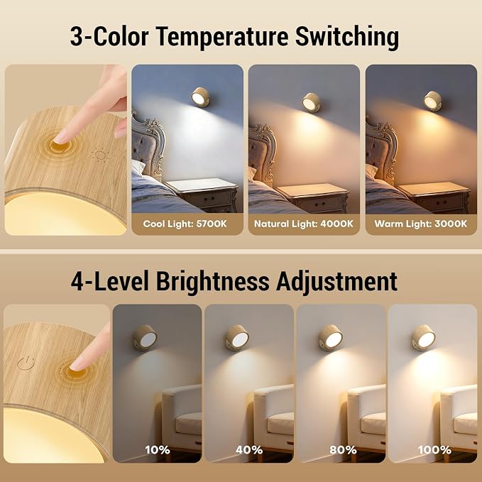LED Wall Sconces, 160H Battery Life, Rechargeable Cordless Mounted Lights, 3 Color & 4 Brightness Level & 360°Rotate Magnetic Ball & Touch or Remote, for Reading Bedroom (Wood)