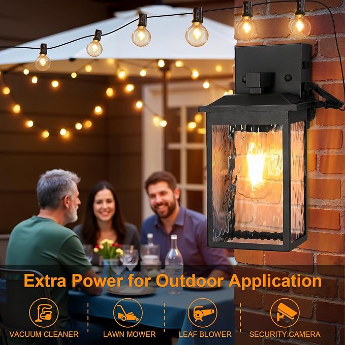 Porch Lights with GFCI Outlet, Dusk to Dawn Outdoor Wall Lighting with Water Rippled Glass Shade, Waterproof Exterior Light Fixture Black Outside Lights for House Front Door Garage Patio (E26 Base)