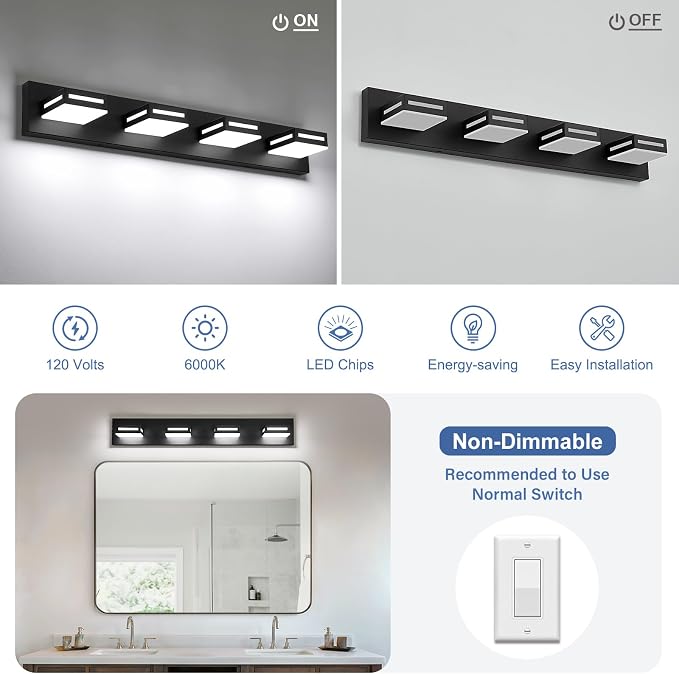 LED Modern Bathroom Light Fixtures, 4-Light 30-Inch Matte Black Vanity Lights for Bathroom Lighting Fixtures Over Mirror, 6000K Cool White 350° Rotatable Wall Lamp