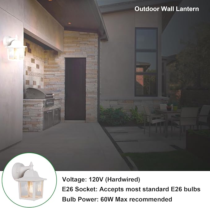 Outdoor Wall Light Fixture, Rustproof Aluminum, Glass | Exterior Porch Light Wall Sconce Lantern for House, Patio, Garage, Waterproof, E26 Socket 60W Max, White, 2 Pack