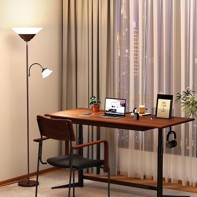 2-in-1 Torchiere Floor Lamp, 34W Super Bright LED Standing Lamp with Remote & Touch Control, 72" Dimmable Adjustable Corner Reading Lamp for Living Room, Bedroom, Office, Brown