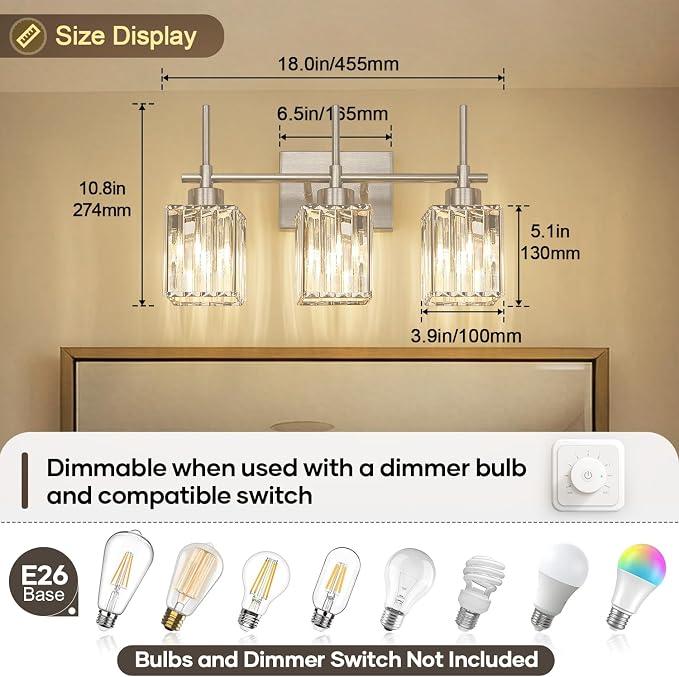 Torondo Modern Crystal Bathroom Vanity Light 3-Light Brushed Nickel Bathroom Light Fixtures Over Mirror Vanity Lighting Fixtures Square Shade Wall Sconce (Bulbs Not Include)