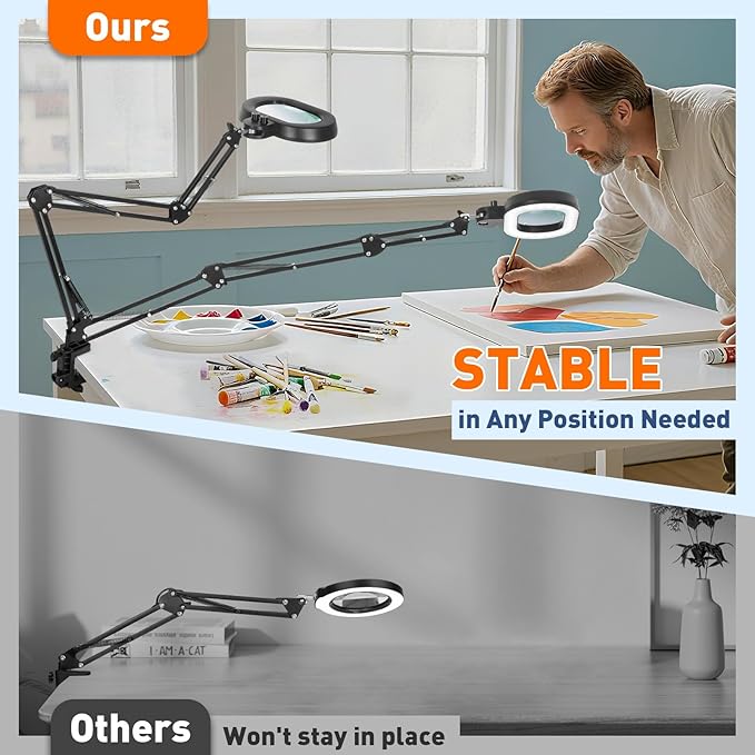 KIRKAS 12X Magnifying Glass with Light, 3-axis Rotation Magnifying Lamp | 35in Long Arm LED Lighted Magnifier Real Glass Lens for Repair Craft Sewing Workbench, Knob Stepless Dimming and Color