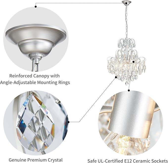WUZUPS 5-Light Crystal Candle Chandelier Pendant Ceiling Modern Lighting Fixture for Bedroom Hallway Bar Kitchen Bathroom, H 22.8" W19.7, E12 Base, Silver