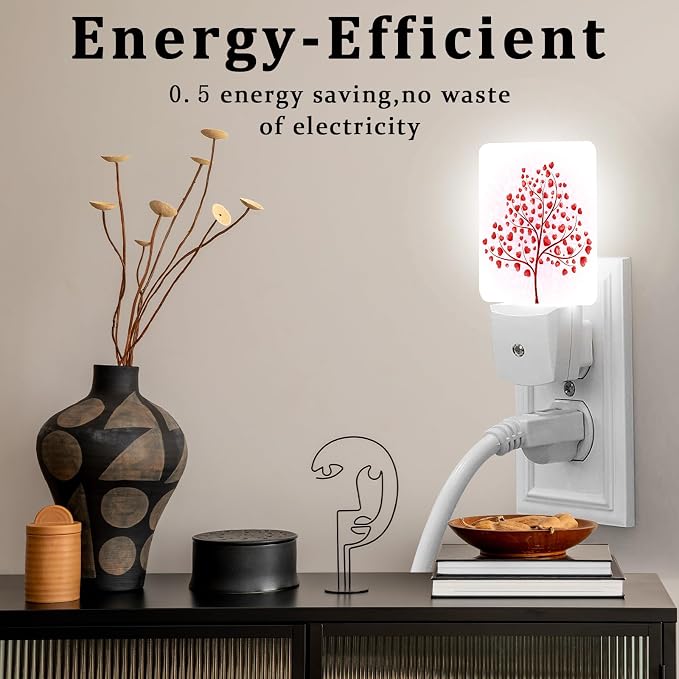 Red Heart Tree Night Light, Plug-into Wall Valentine's Love Leaves Nightlight Lamp with Dusk to Dawn Sensor, Led Lamp 0.5W Energy Efficient for Boys Girls Adults Home Decor