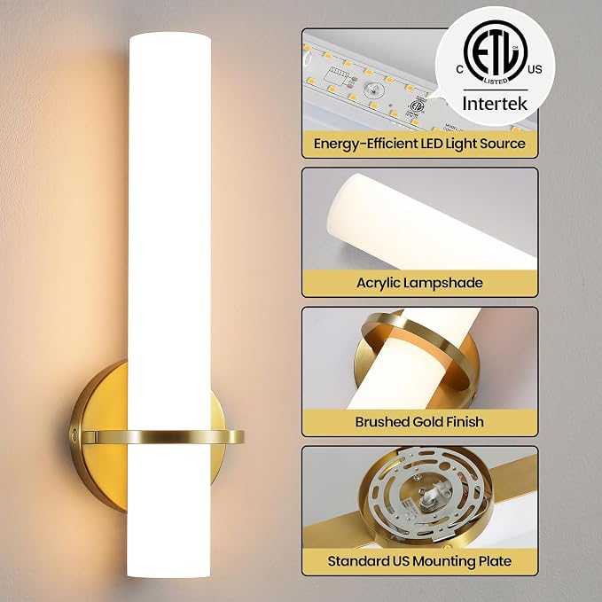 AIJIASI Wall Sconces - 15 inch Gold Wall Sconces Set of Two Modern Bathroom Sconce 15W Dimmable LED Wall Sconce Light with Acrylic Lampshade, Bathroom Vanity Light for Mirror Living Room Hallway 3000K
