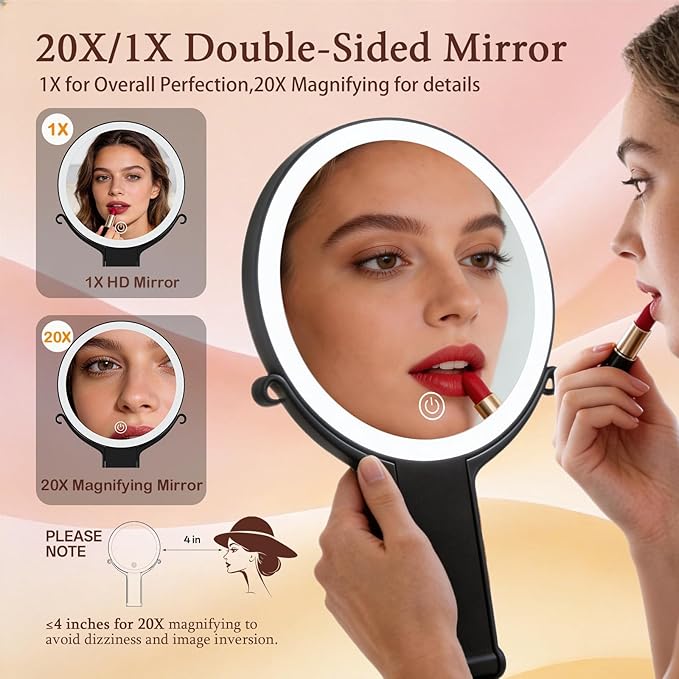Makeup Mirror with Lights, 20X/1X Double Sided Magnifying Makeup Mirror with 3 Color Lighting and Adjustable Brightness, Portable hand mirrors with handle for Desktop Travel Use (1x/20x- Black)