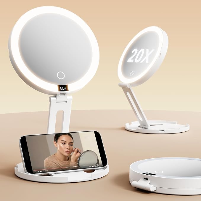 Travel Makeup Mirror with Lights (Gen 3) - 20X/1X Dual Sided Magnifying Mirror - 3 Color Lighting, CRI 95+, Rechargeable - Portable Mirror for Desk & Travel