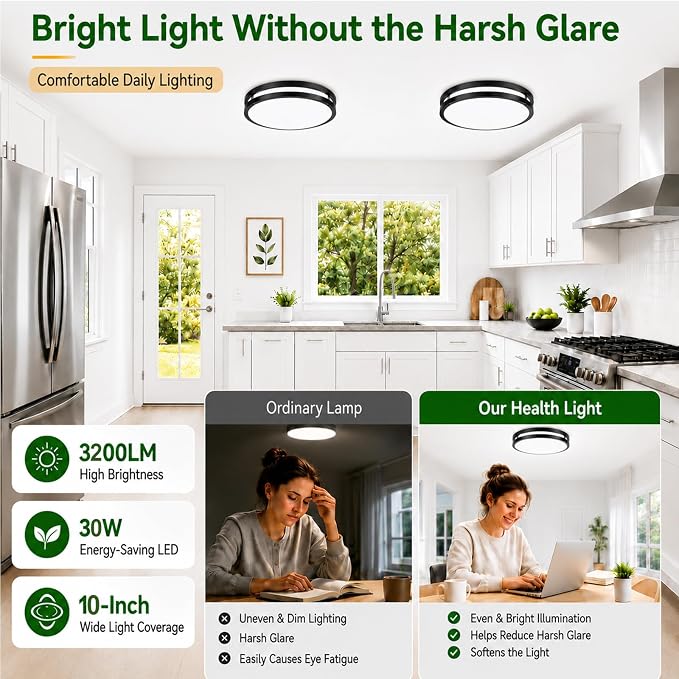 2 Pack 10inch 30W Flush Mount Ceiling Light Fixture, 3200lm Super Bright Energy-Efficient Black Dimmable Ceiling Light, 2700K 3000K 4000K 5000K 6500K Adjustable Ceiling Lamps for Closet