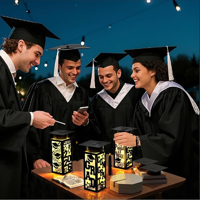 6 Pcs Graduation Table Centerpieces Boxes Class of 2026, Black Graduation Paper Lanterns Boxes with String Lights Hollow Out for Congrats Grad School College Table Decorations Grad Party Photo Props